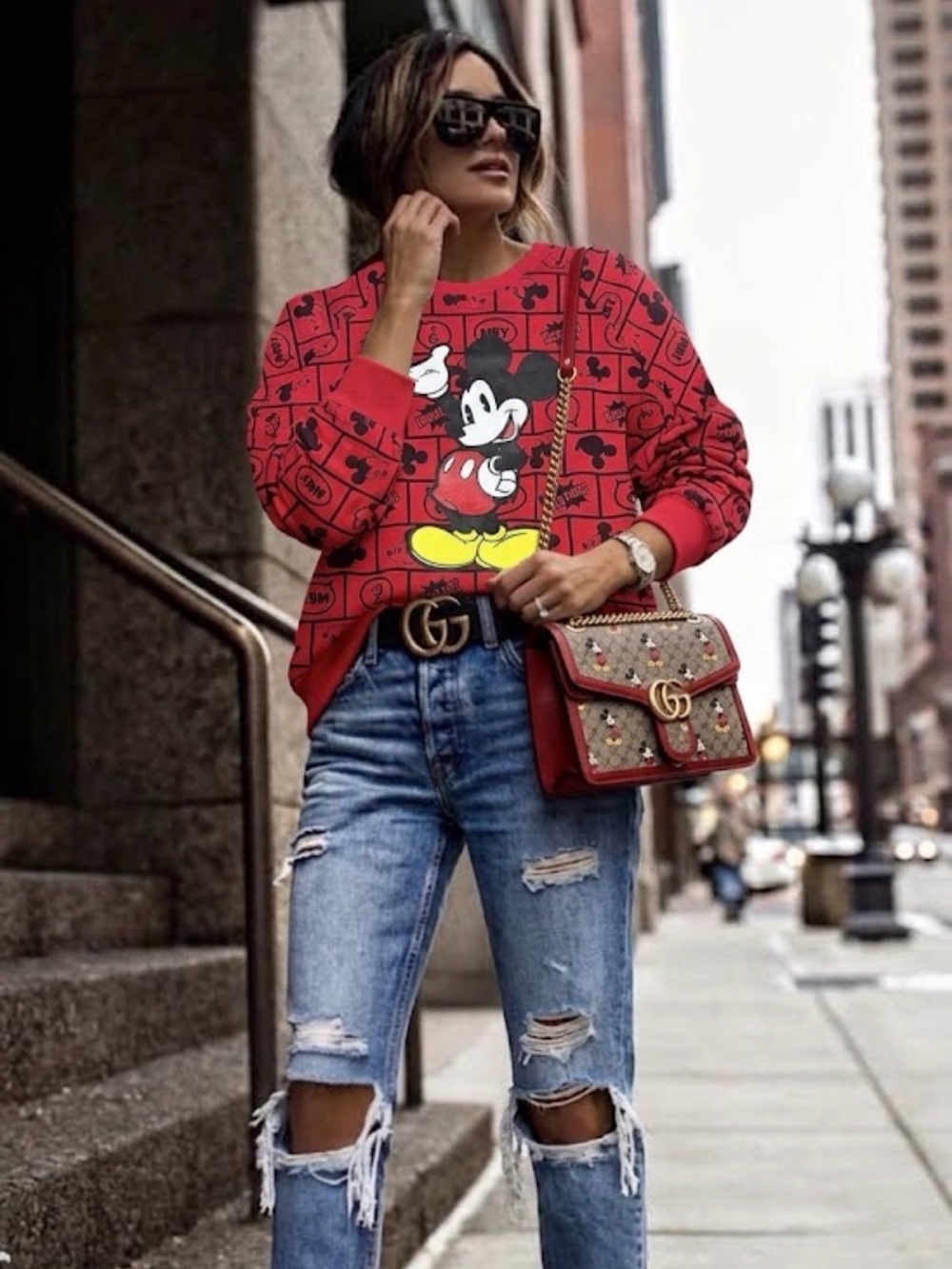 Disney Mickey Mouse Red All Over Print Graphic Crewneck Sweatshirt